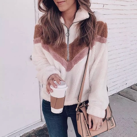 SOLD OUT White Pink & Beige Striped Chevron Fleece Pullover - Picture 2 of 5